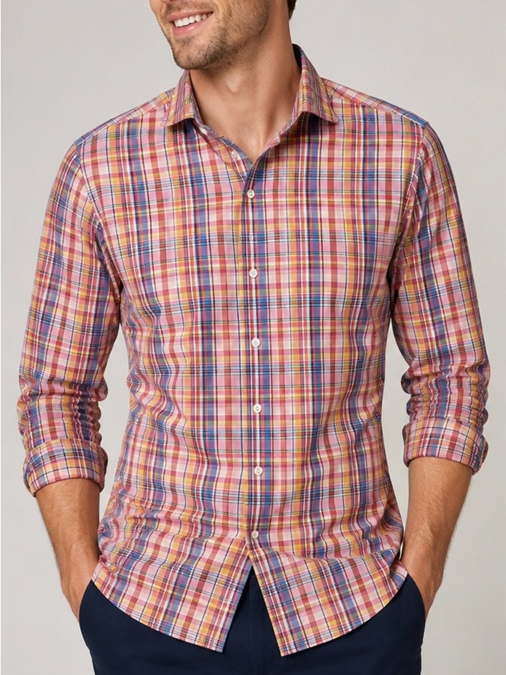 Men's Pink Plaid Dress Shirt — Classic Spread Collar
